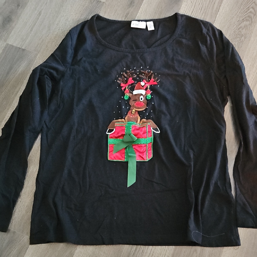 Kim Rogers Black Shirt With Winking Reindeer In A Christmas Box